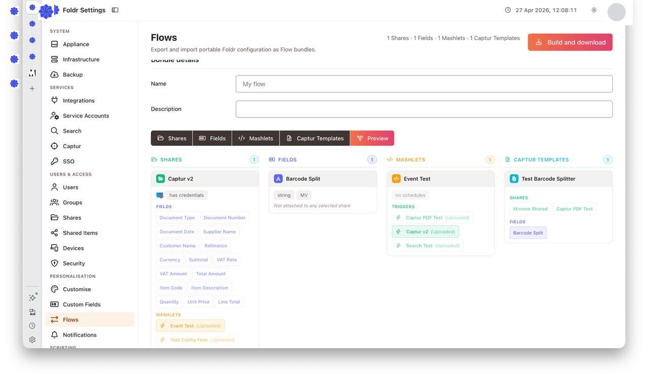 Foldr Flows settings, building a flow bundle with shares, fields, mashlets, and Captur templates