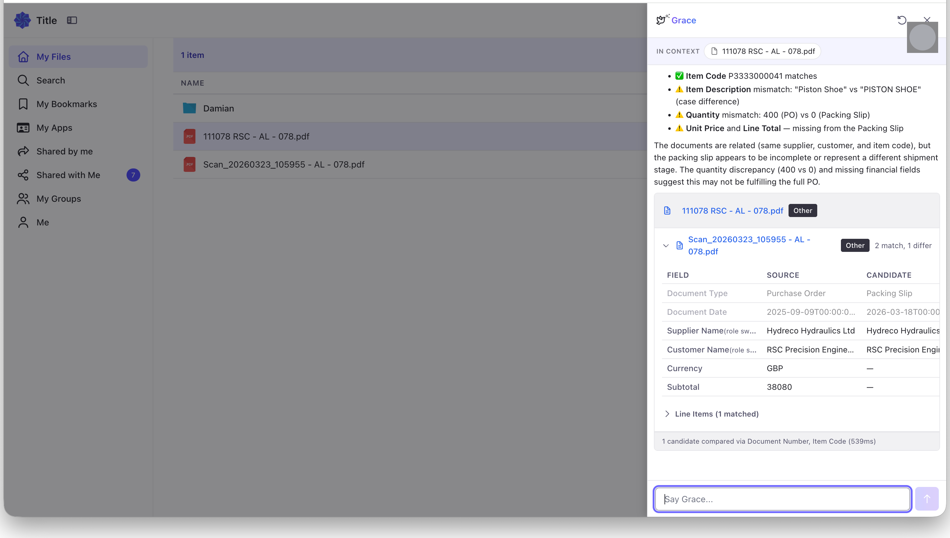 Grace reconciling a Hydreco purchase order against a packing slip