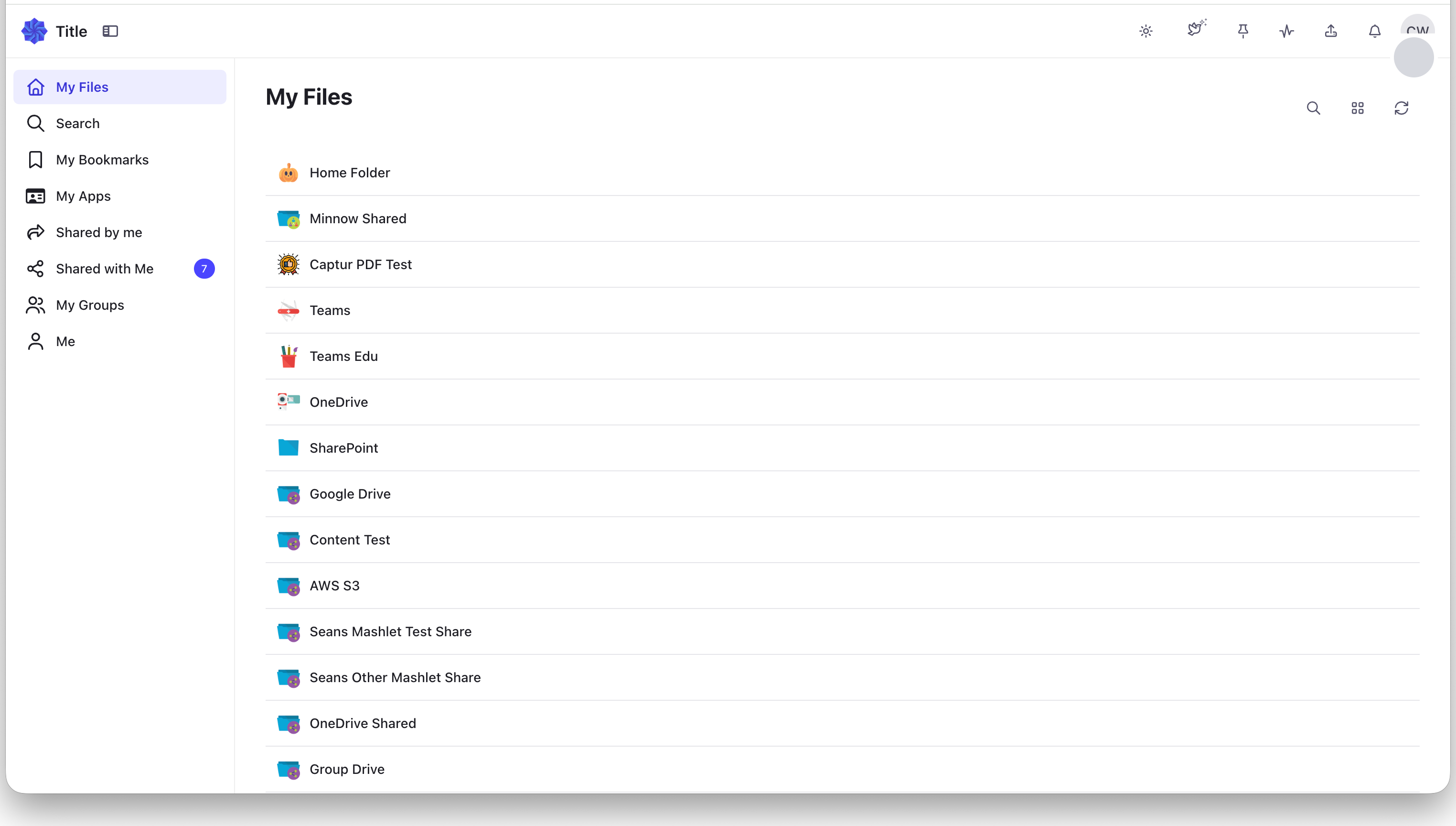 Foldr Next, My Files view with mixed connector storage backends