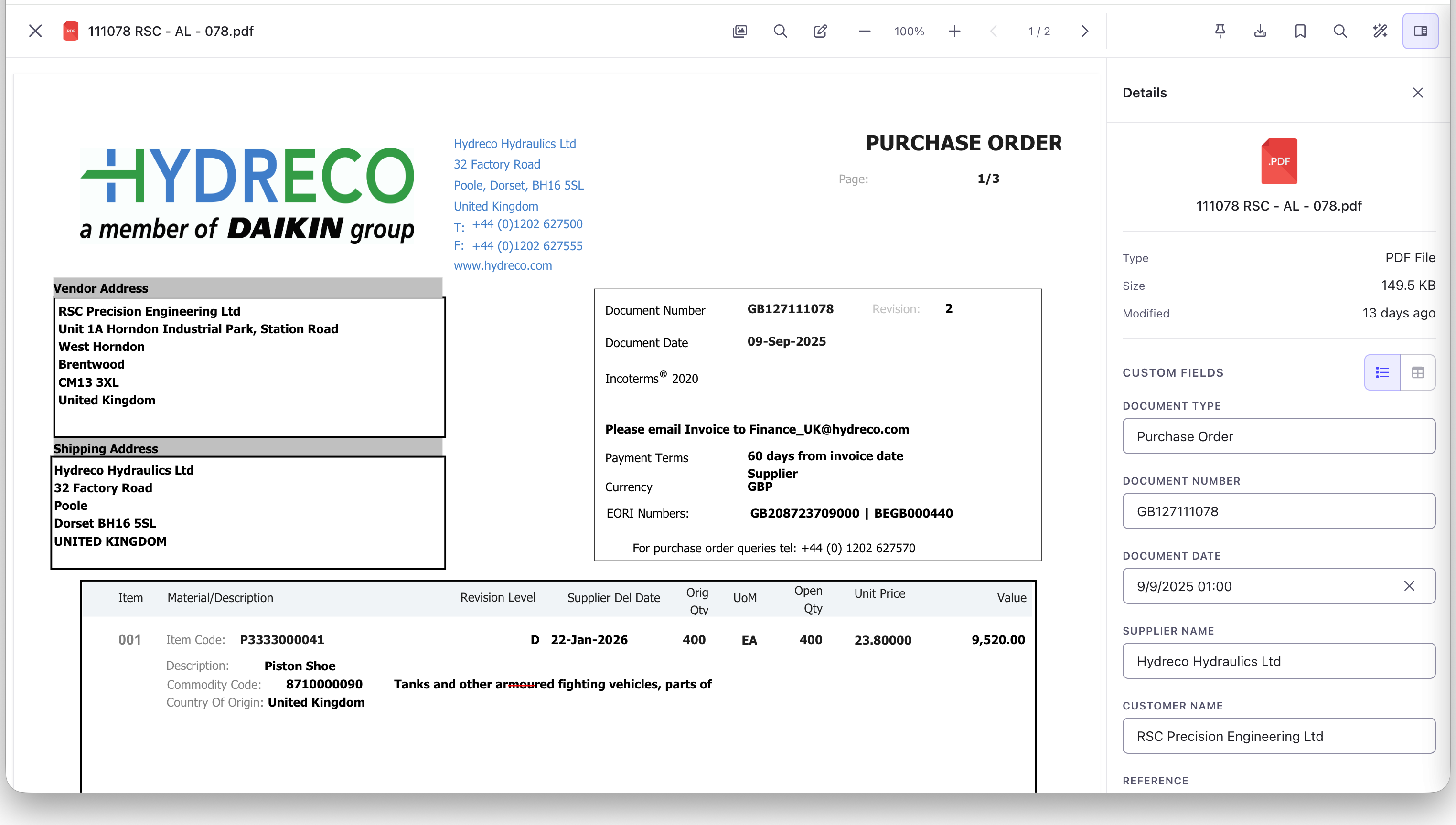 Foldr PDF preview with custom fields panel