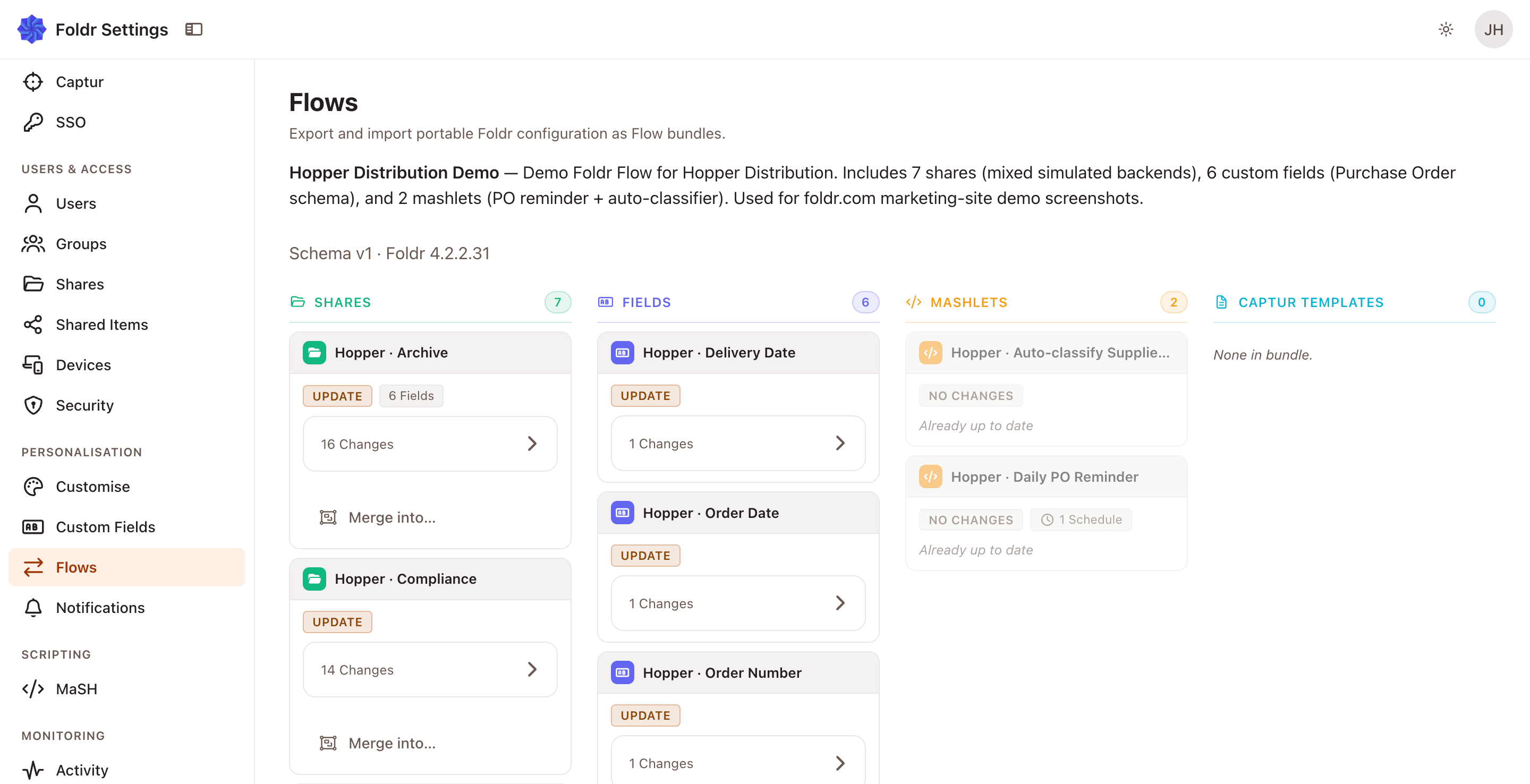 Flow settings screen with mashlets, custom fields and Captur templates