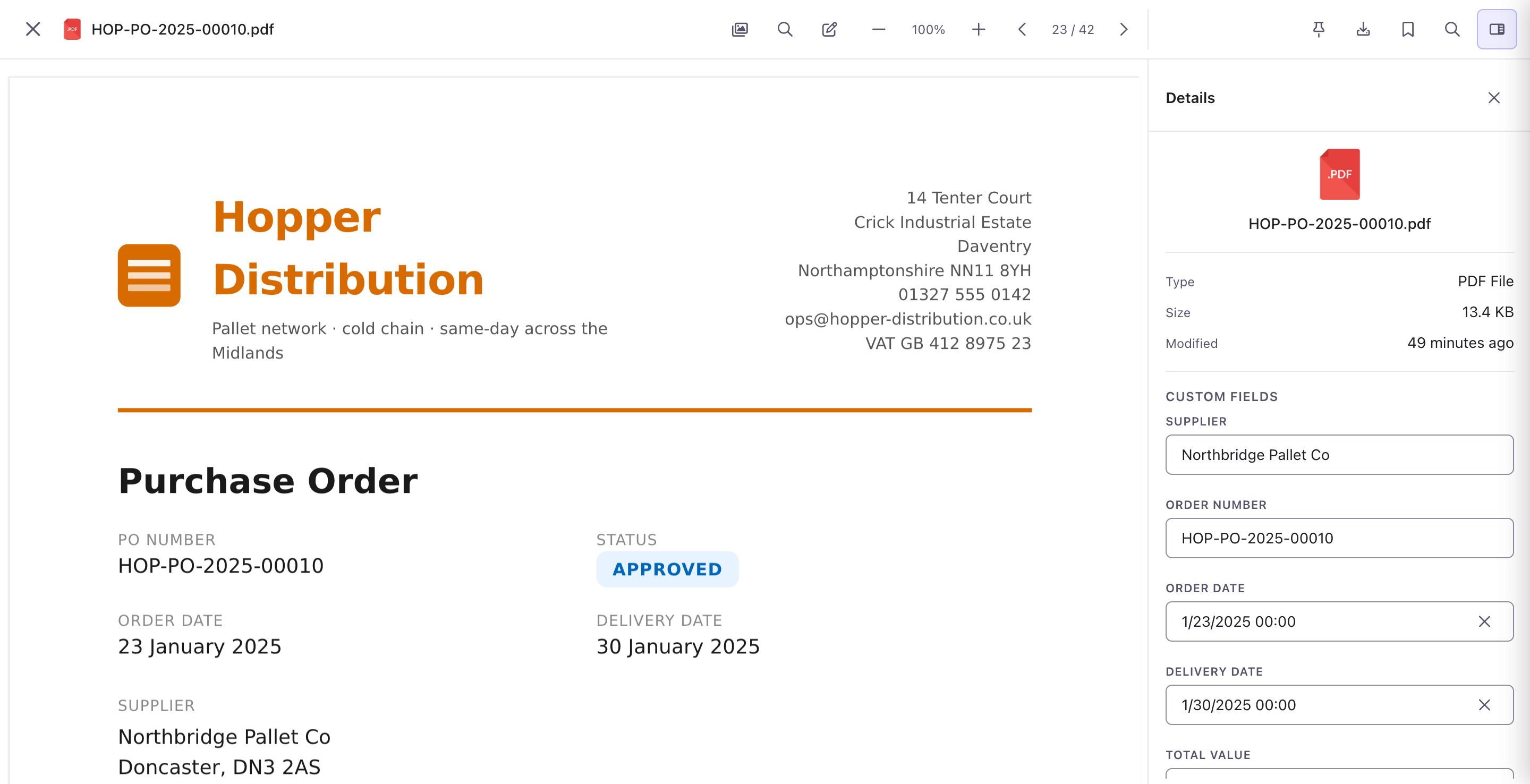 Foldr PDF preview with custom fields panel populated by Captur