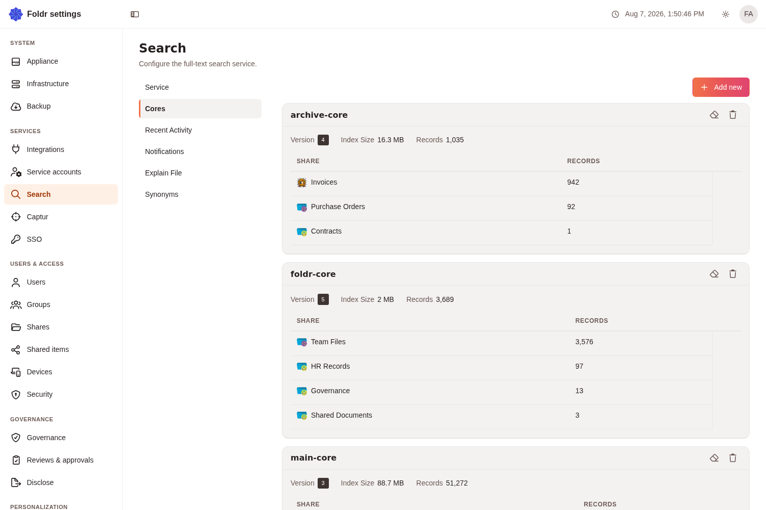 The Cores page, listing each core with its size, record count and the shares indexed into it